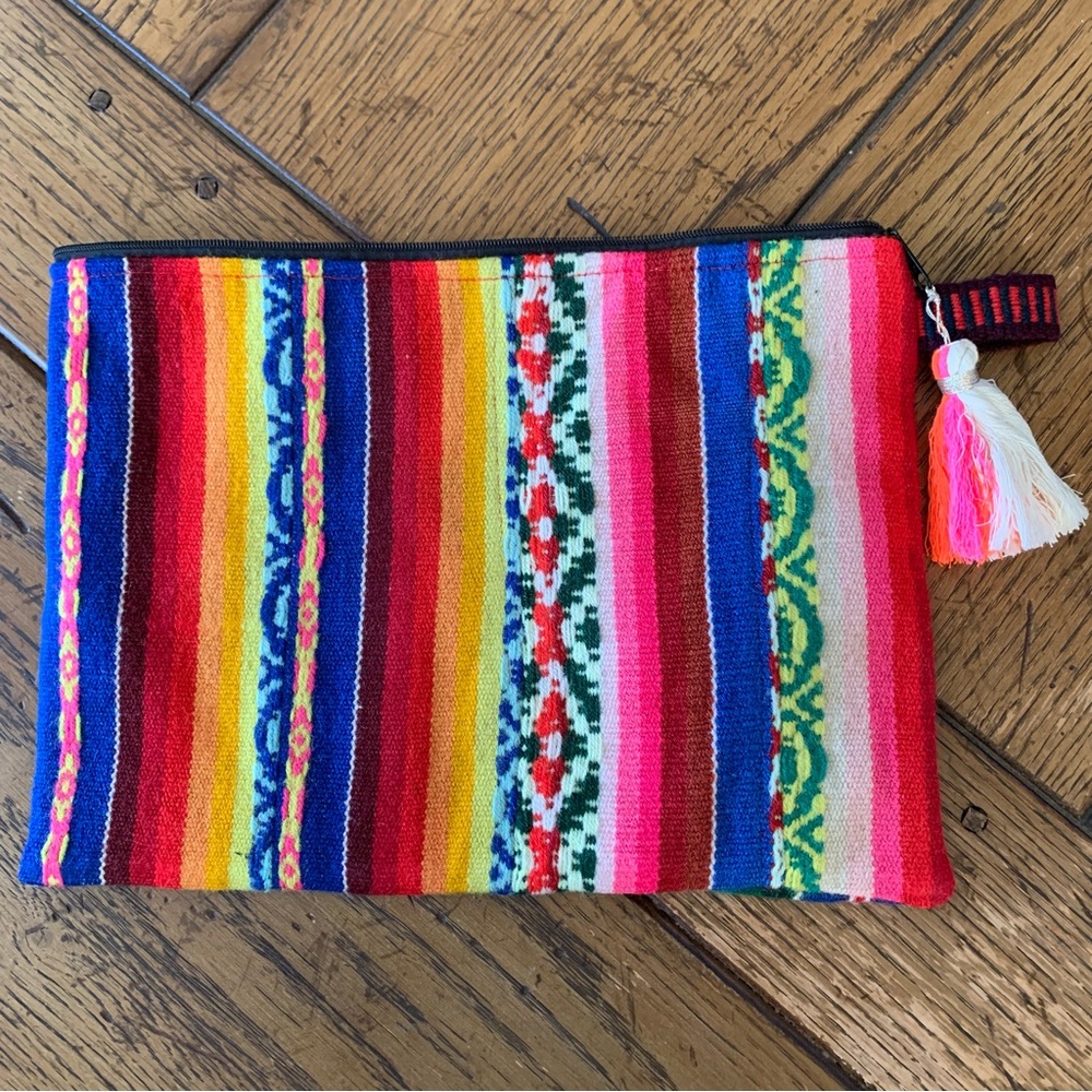 Colorful Hand-woven Wool Zippered Clutch with Tassel Pull and Finger Loop